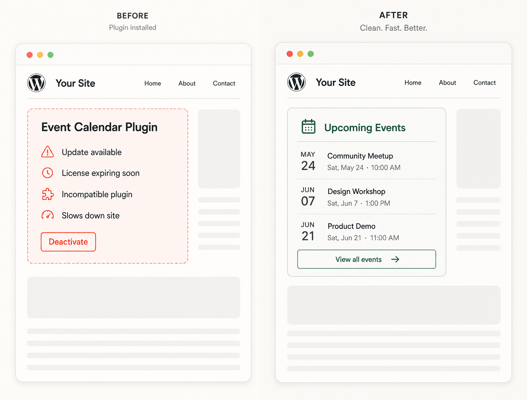 WordPress plugin comparison - broken vs Canopy working